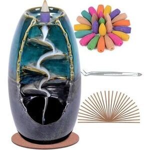 DAILYLIFE Ceramic Backflow Incense Burner Waterfall Set Teal Brown with Cones